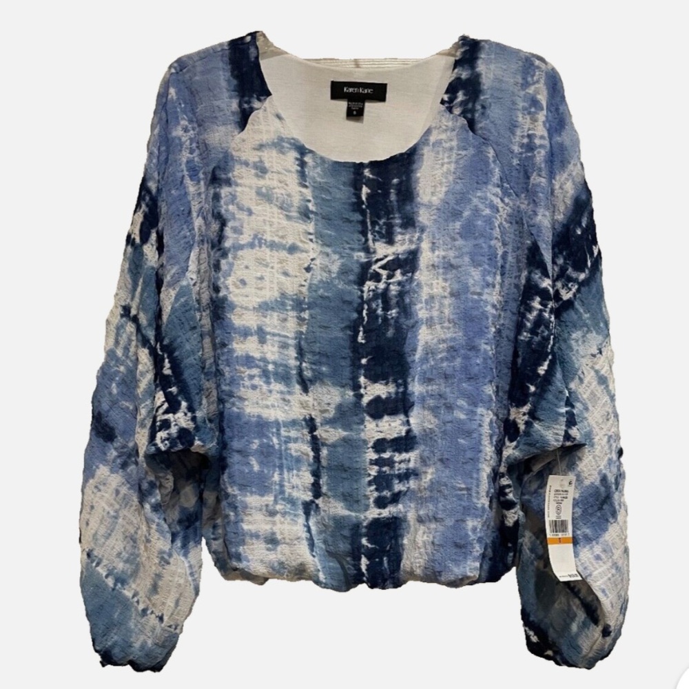 KAREN KANE Women’s Blue & White Poly Knit Long Lantern Blouse SZ: 1X NWT